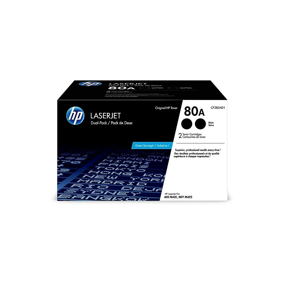 HP 80A (CF280AD1) Black Original Toner Cartridge - 2 Pack