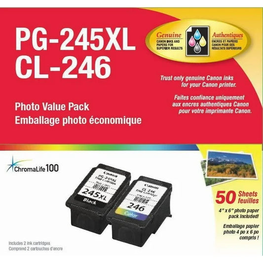 Canon PG-245XL & CL-246 Genuine Ink Cartridge + 50 Sheet Photo Paper Value Pack