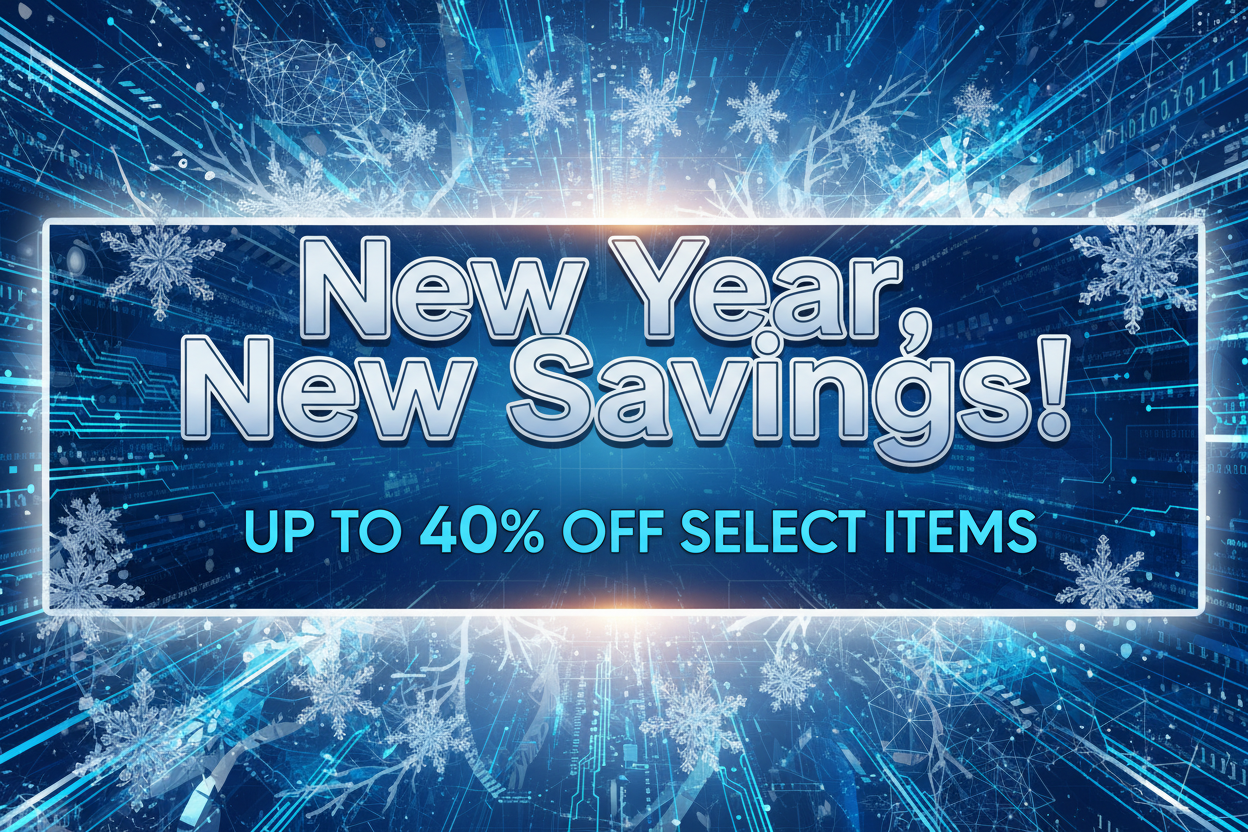 Create a banner with a welcoming tech + snowflake themed background, add a title at the top with the text "New Year, New Savings!", and in the middle have a subtitle with the text "UP TO 40% OFF SELECT ITEMS"