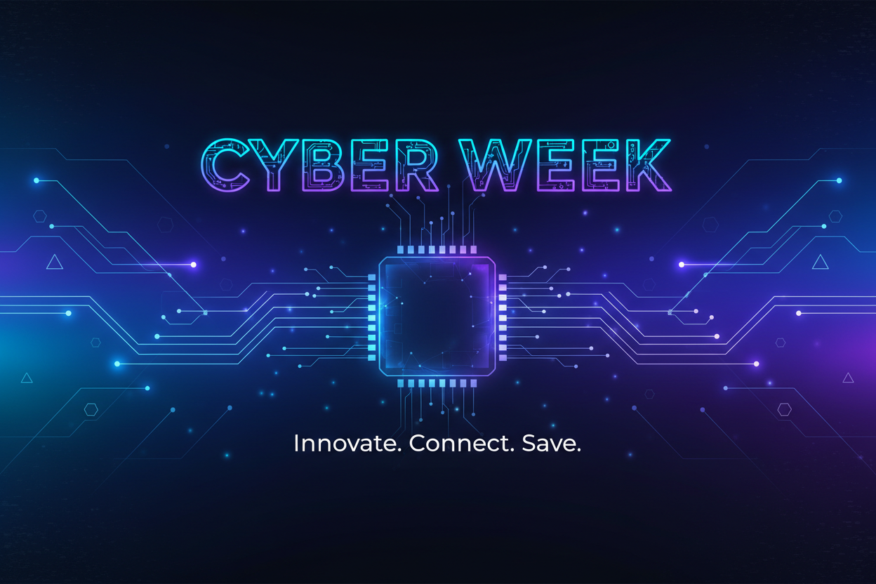 Create a tech banner with the title "Cyber Week" at the top